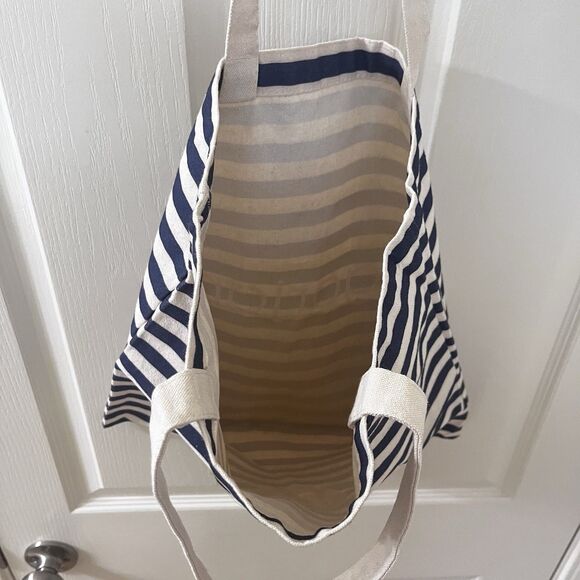 Gorjana Blue and Off-White Striped Canvas Logo Reusable Shopping Tote Bag - Picture 11 of 11